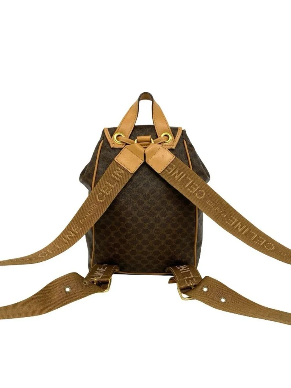 Celine Vintage Macadam Pattern Logo Ring Leather Backpack Brown